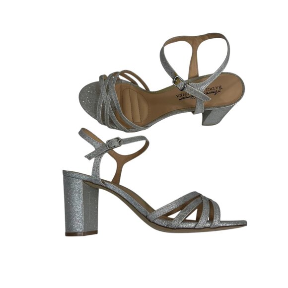 Badgley Mischka Silver Glitter Block Heel Dress Sandals Womens SZ 8 Ankle Strap - Picture 16 of 16
